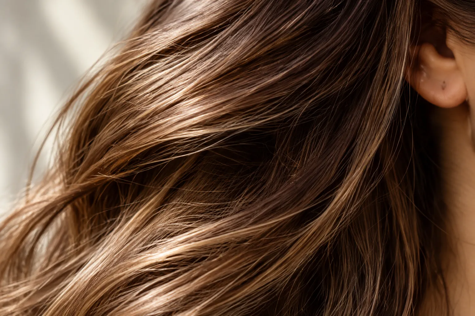 Dettaglio di capelli castani mossi alla luce naturale.