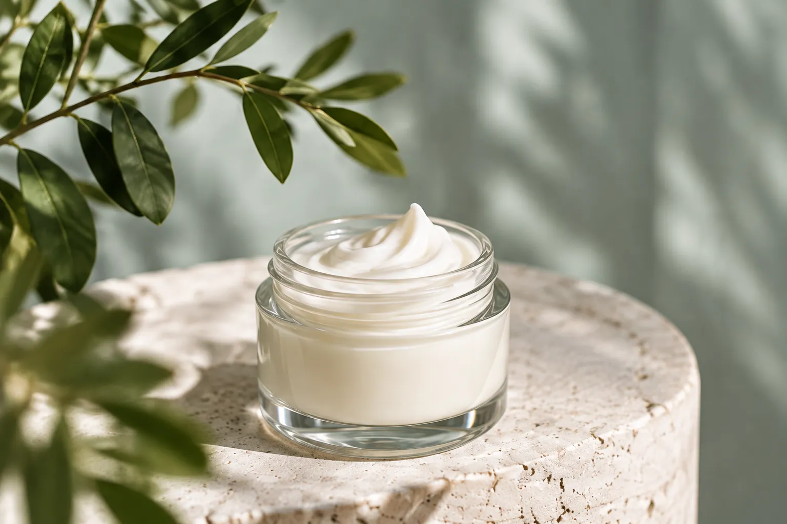 Un vasetto di crema bianca su una pietra chiara, accanto a foglie d’ulivo.