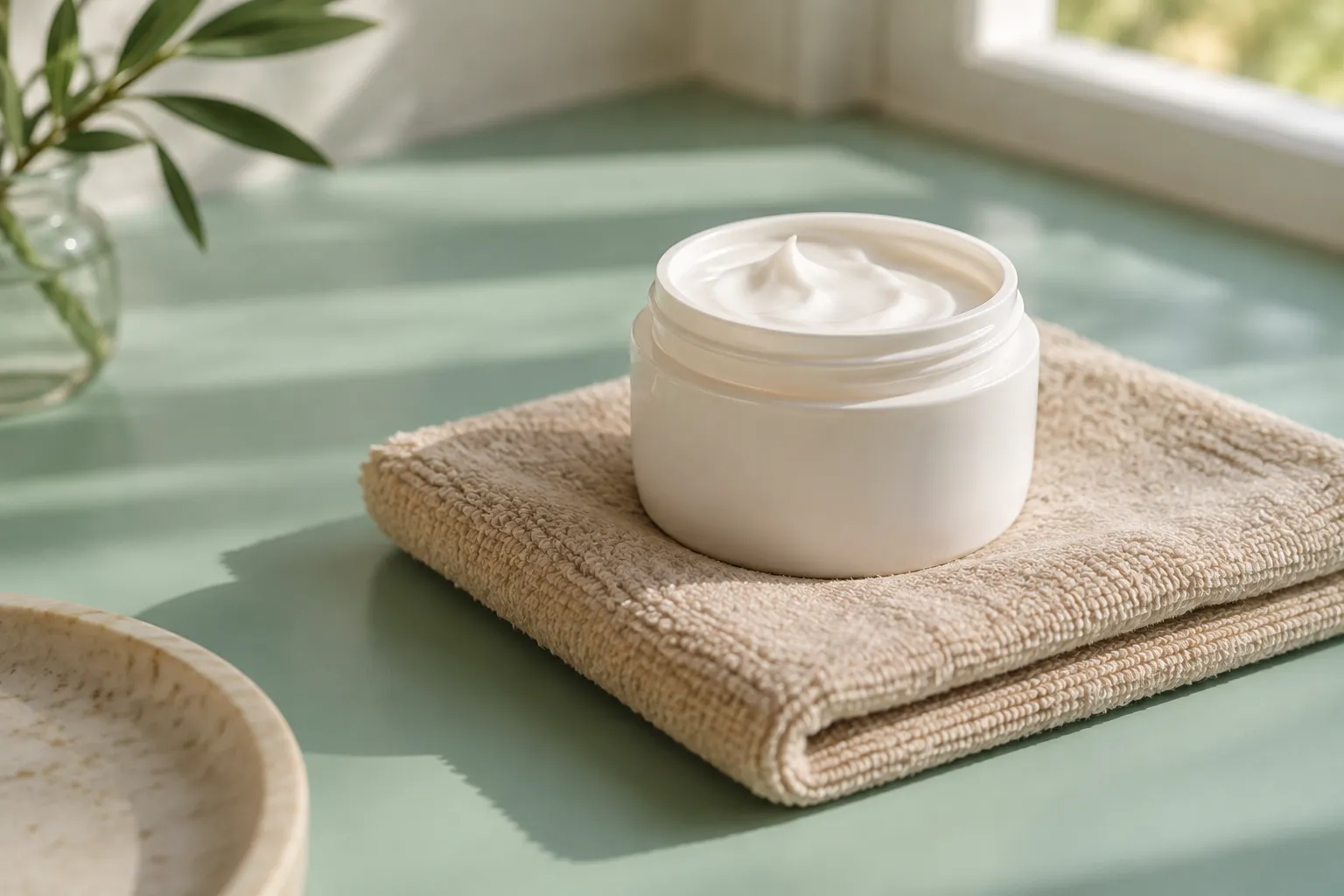 Barattolo di crema idratante aperto su asciugamano beige vicino a finestra con luce naturale